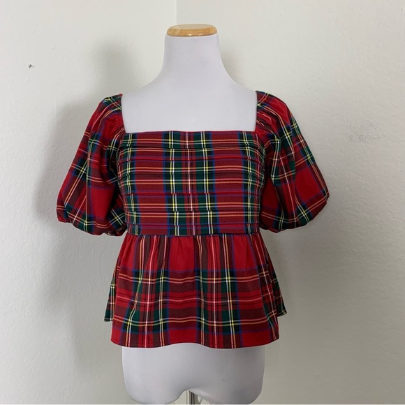 Francesca’s Plaid Peplum Smocked Puff Sleeve Top Sz S Red Holiday Short Sleeve - Picture 10 of 17
